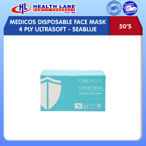 MEDICOS SURGICAL DISPOSABLE FACE MASK 4 PLY ULTRASOFT EARLOOP- SEABLUE (50'S)